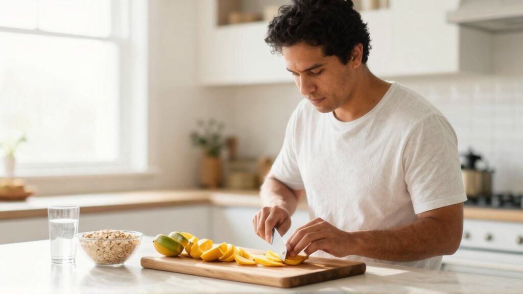 Persona de unos treinta años corta fruta fresca sobre una tabla de madera en una cocina luminosa.