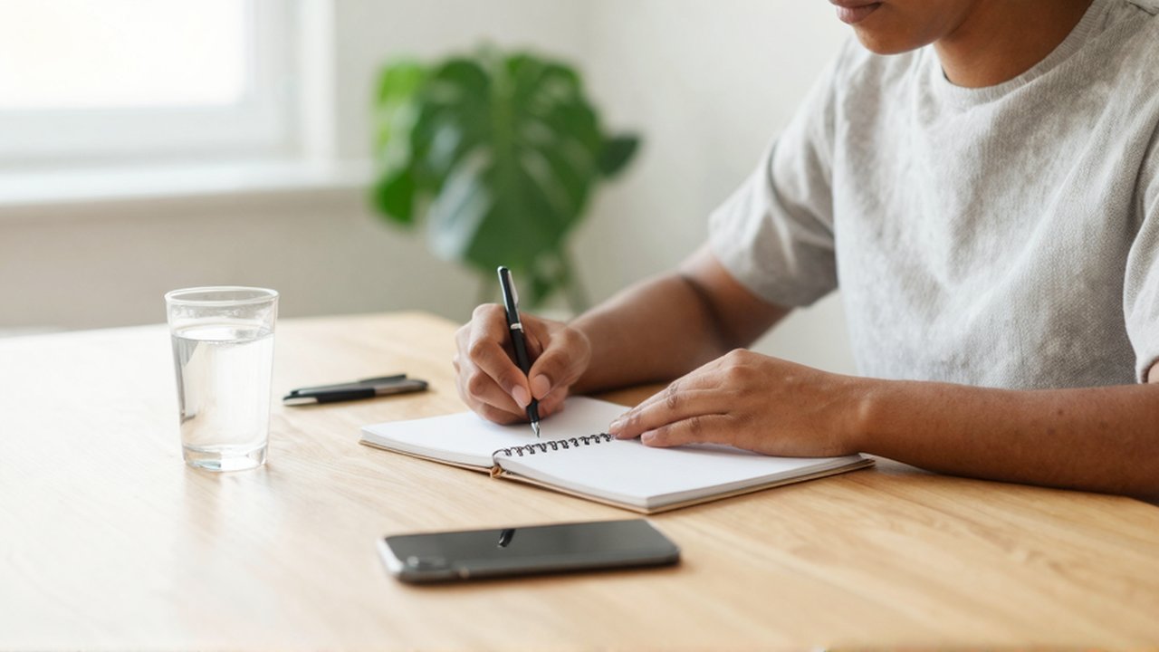 Una persona organiza un cuaderno, un bolígrafo y un vaso de agua sobre un escritorio de madera.
