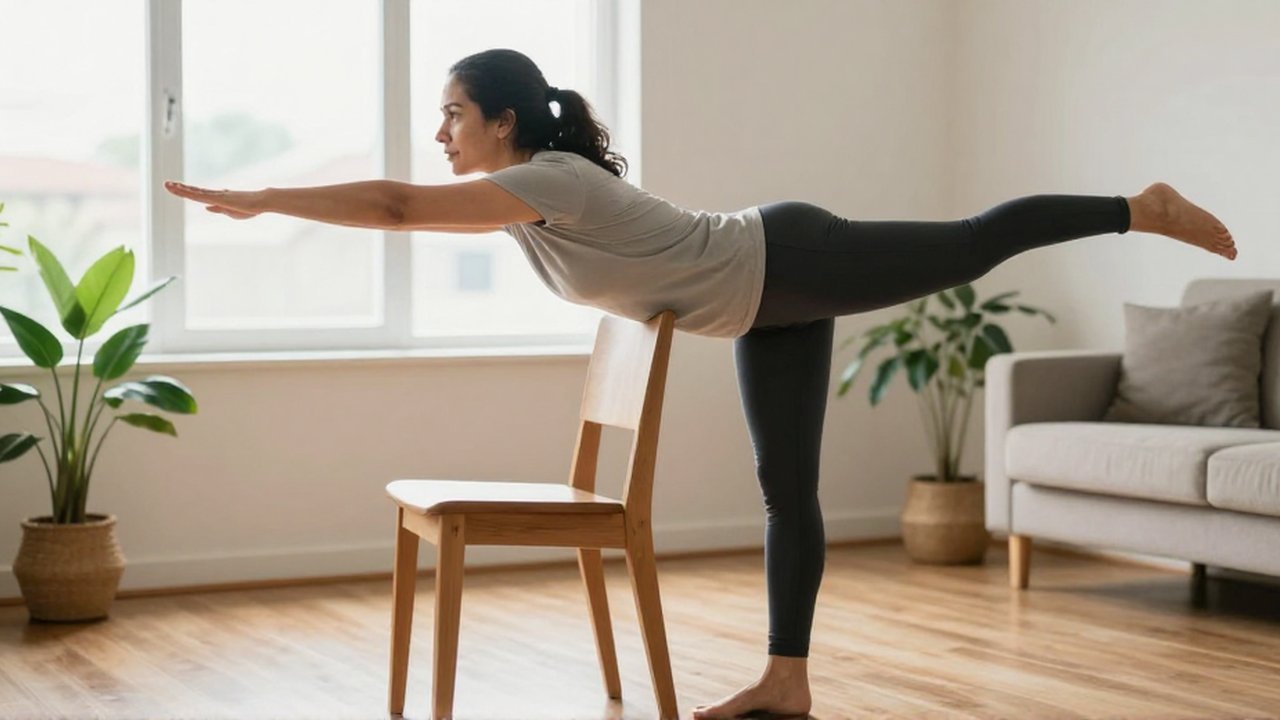 Mujer de unos treinta años realiza un ejercicio de equilibrio apoyada en una silla de madera.