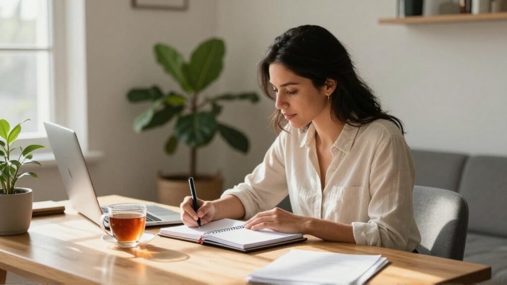 Persona de perfil escribiendo en una agenda sobre un escritorio de madera con una taza de té y plantas.