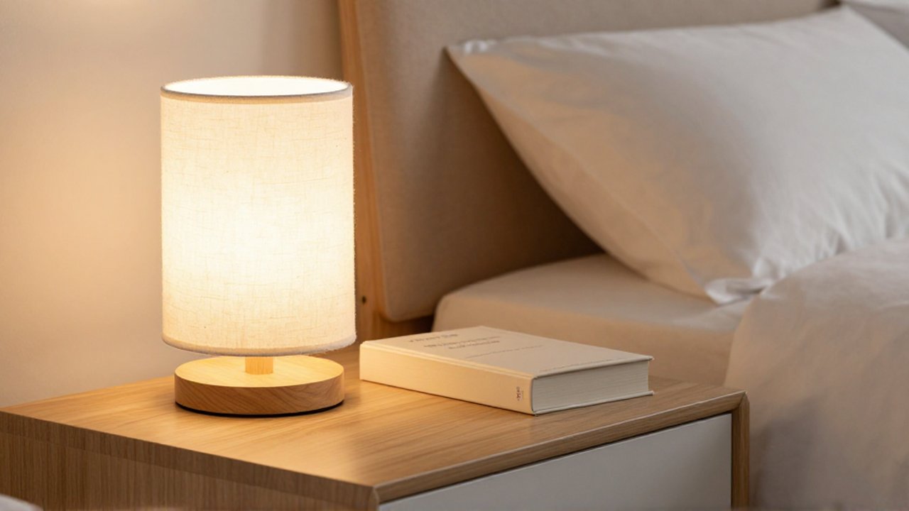 Una lámpara de pantalla de tela y un libro de tapa dura sobre una mesita de noche de madera.