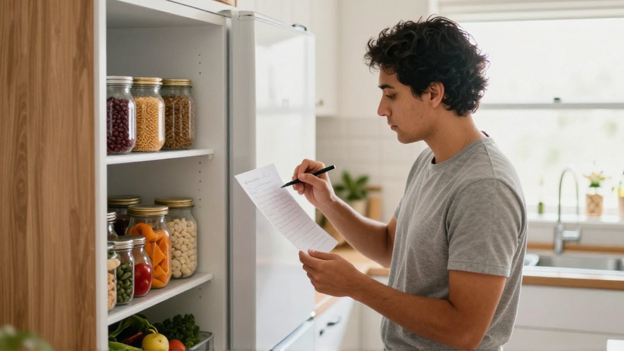 Persona de ascendencia latinoamericana revisa una despensa con una lista y un bolígrafo en una cocina luminosa.