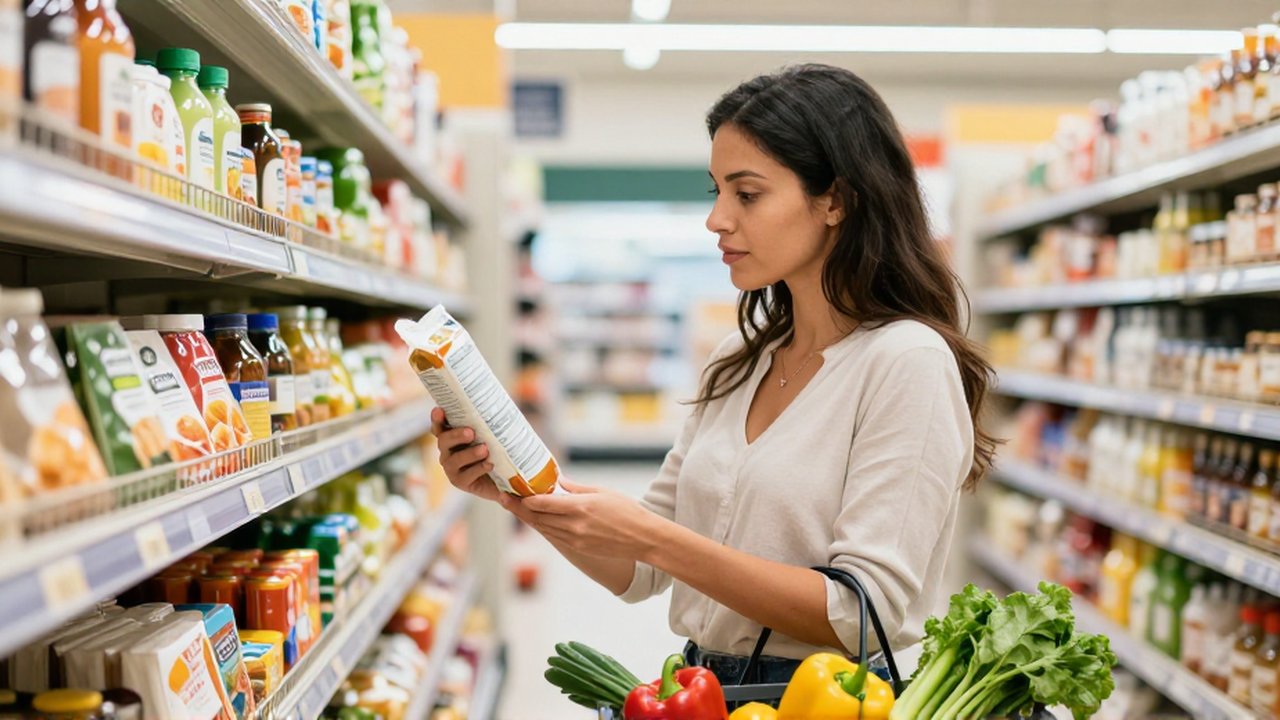 Una mujer latinoamericana examina la etiqueta nutricional de un producto frente a un pasillo de supermercado.