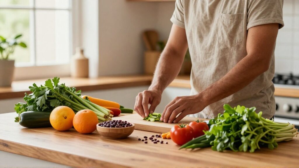 Una persona organiza vegetales verdes
