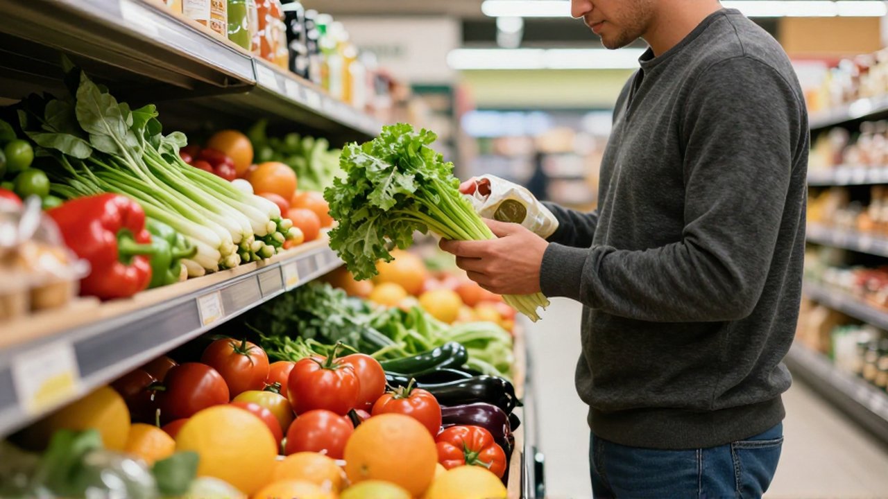 Persona de rasgos latinoamericanos examina la etiqueta de un producto junto a un cajón de vegetales frescos.