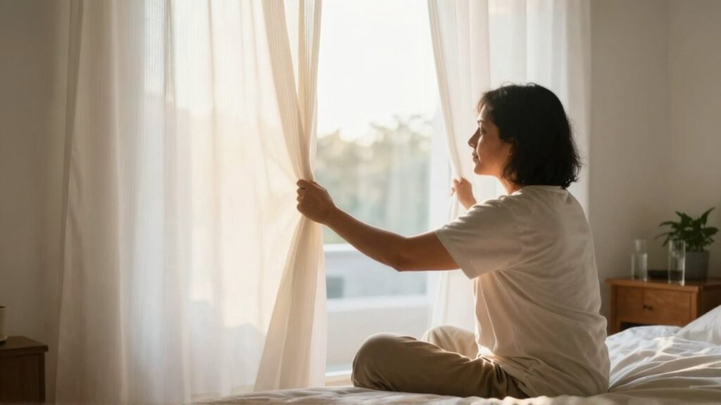 Persona de ascendencia latinoamericana abre las cortinas en un dormitorio iluminado por la luz del sol.