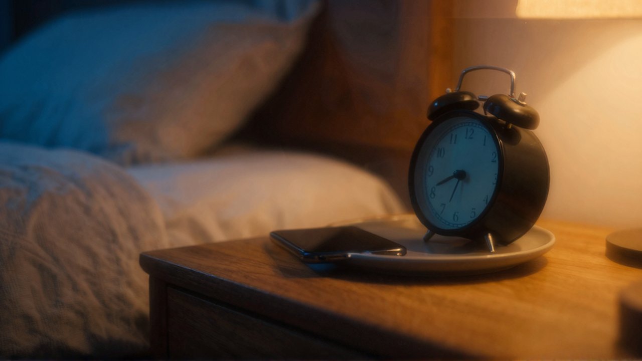 Reloj despertador analógico y un teléfono boca abajo sobre una mesita de noche de madera.
