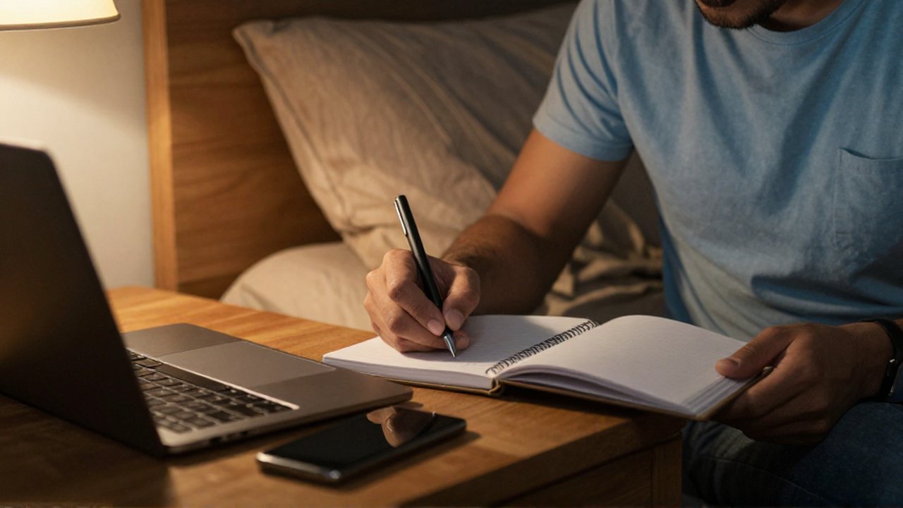 Persona latinoamericana escribiendo en un cuaderno sobre una mesa de noche junto a un portátil y un móvil.
