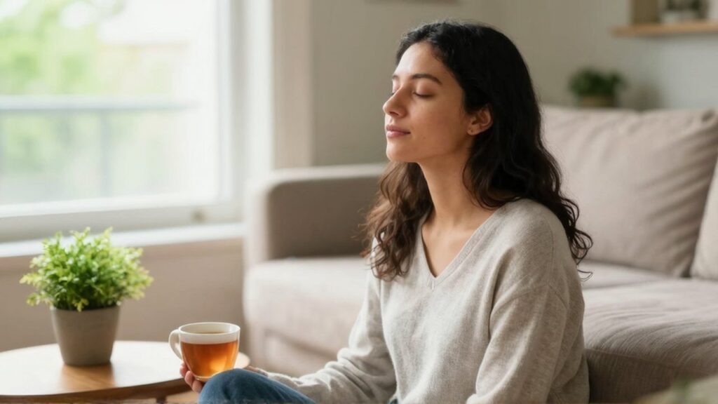 Mujer joven sentada en un sofá junto a una ventana