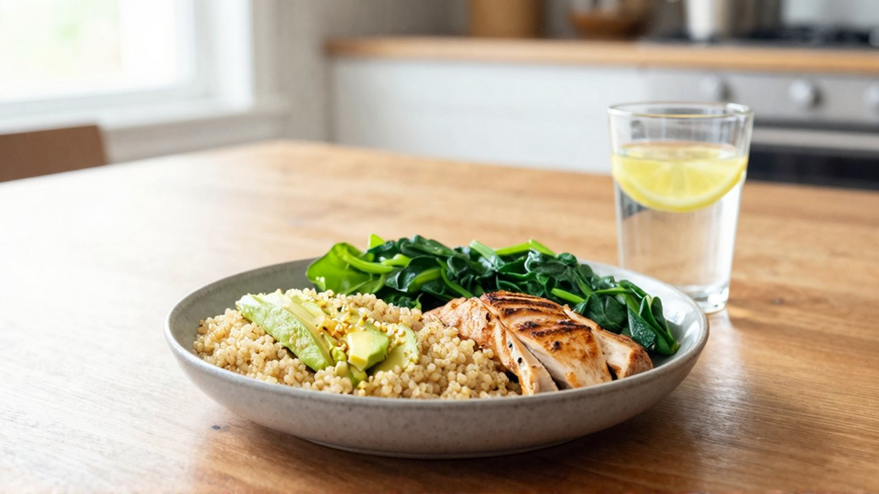Un cuenco cerámico contiene quinoa, aguacate, tiras de pollo y espinacas junto a un vaso de agua con limón.