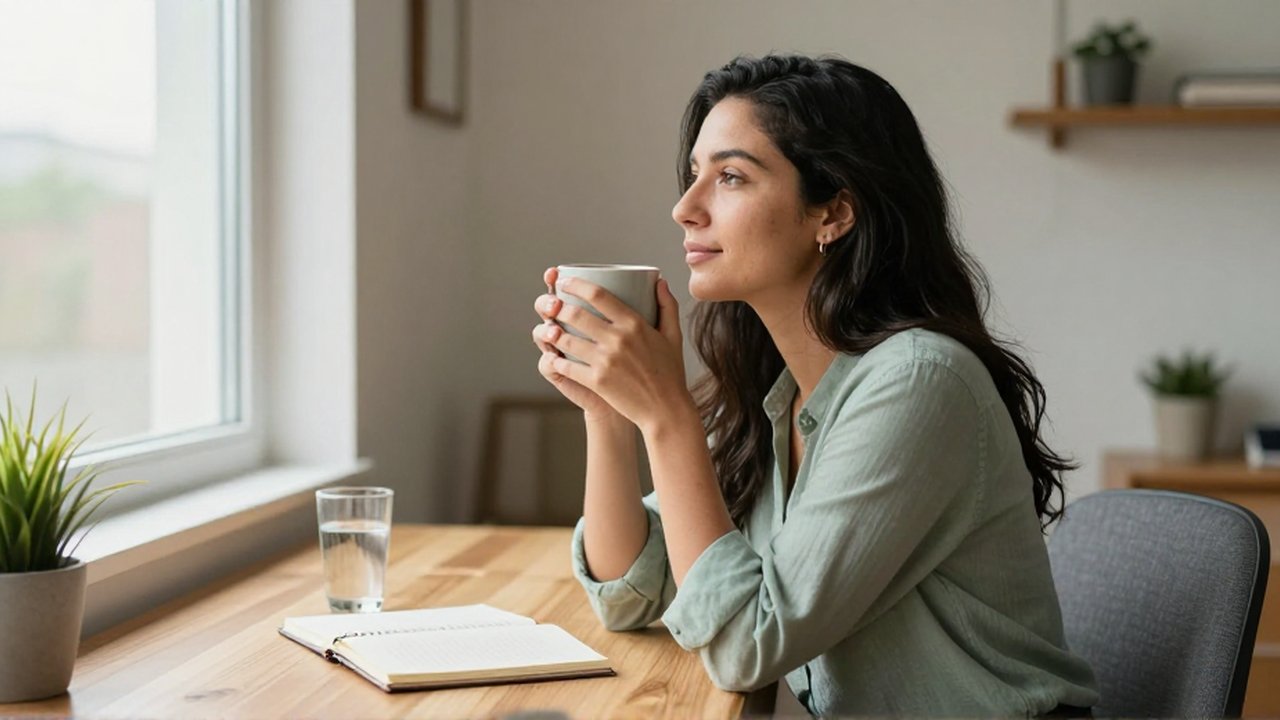 Mujer latinoamericana sentada frente a un escritorio de madera, sosteniendo una taza mientras mira por la ventana.